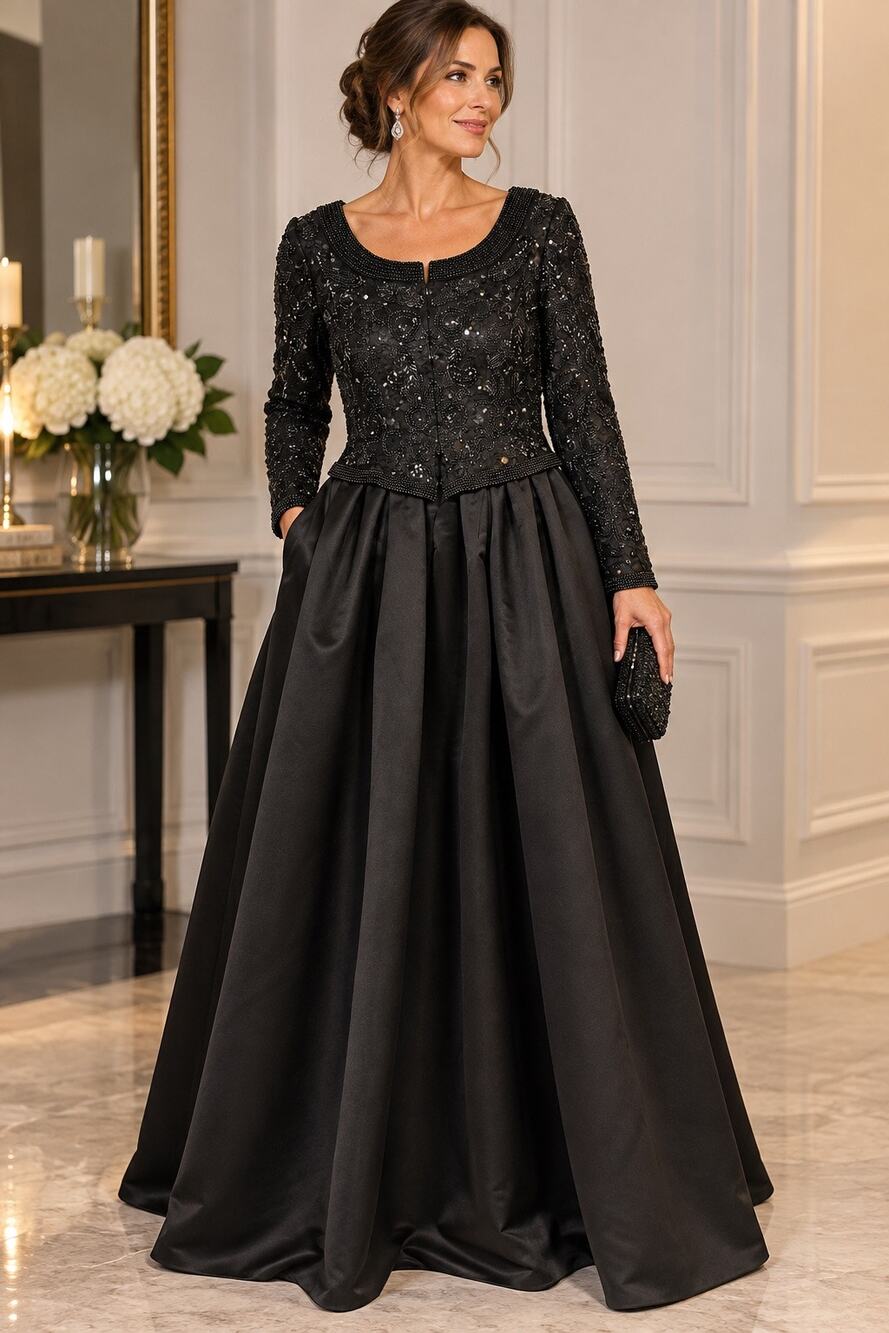 VTG Black Tie Oleg Cassini Size 12 Black Beaded Sequin Long Sleeve Formal Gown
